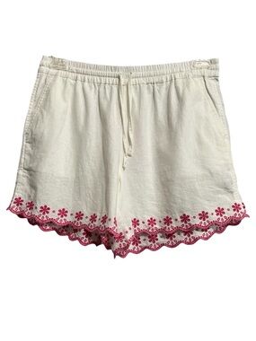 J Crew White Scallop Hem Shorts with Pink Floral Embroidery Linen Blend Size S